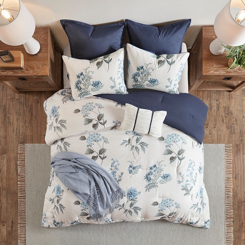 Madison Park Monah 7-Piece Printed Seersucker Floral Comforter Set with Throw Blanket