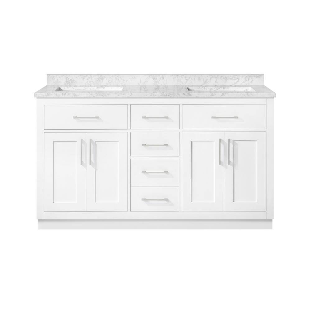 OVE Decors Athea 60 in. W Bath Vanity in White with Engineered Stone Vanity Top in White with White Basins and Power Bar 5VVAR-ATHE60-0