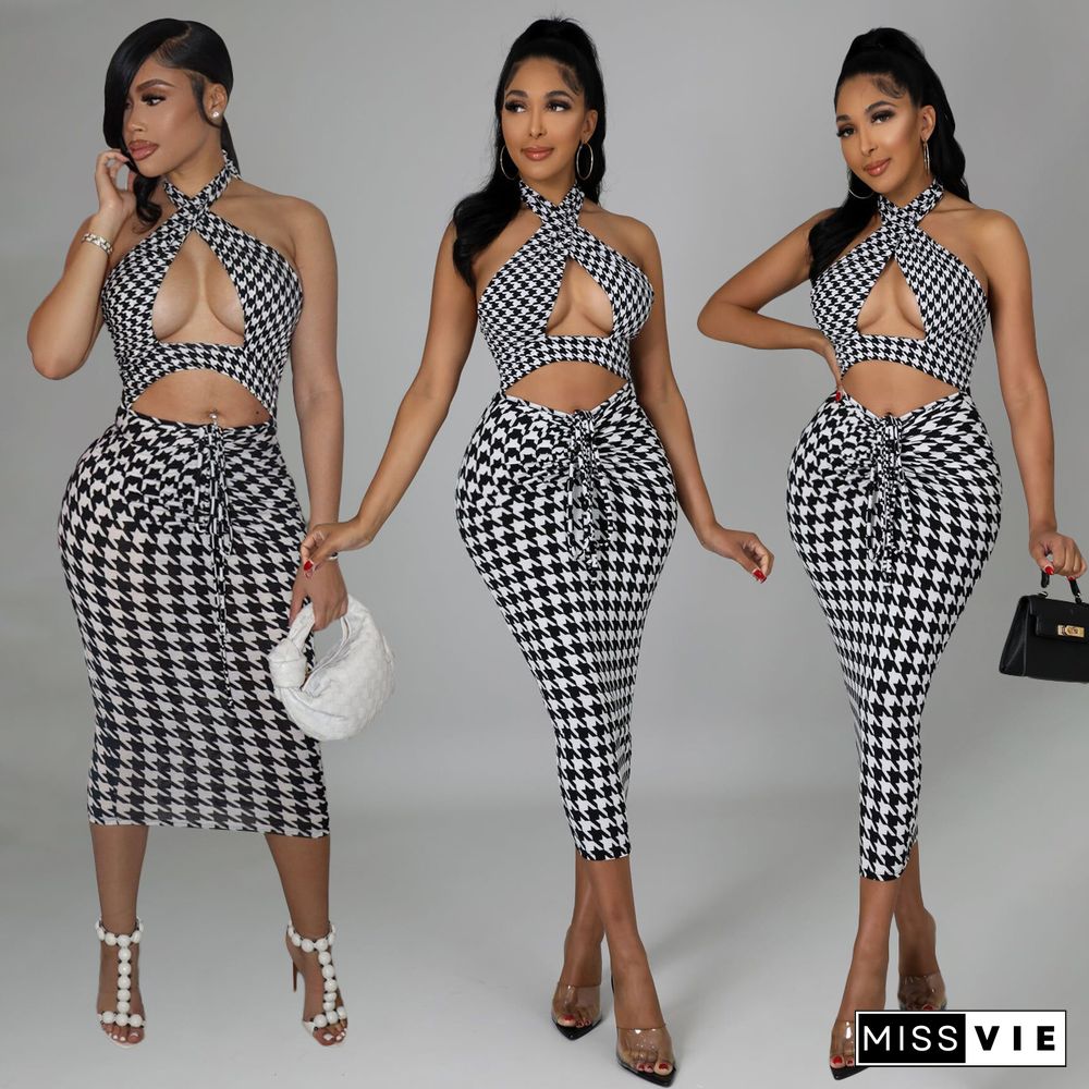 Houndstooth Print Sexy Halter Dress