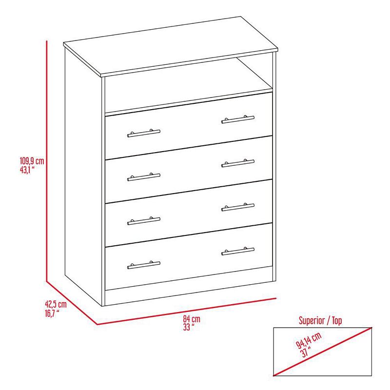 DEPOT E-SHOP Serbian Four Drawer Dresser， Superior Top， One Open Shelf， Black