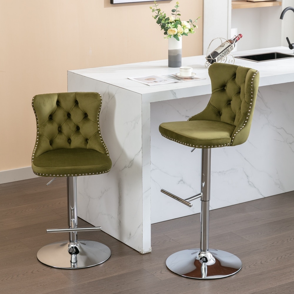 Set of 2 Swivel Velvet Tufted Adjusatble Seat Height Barstools