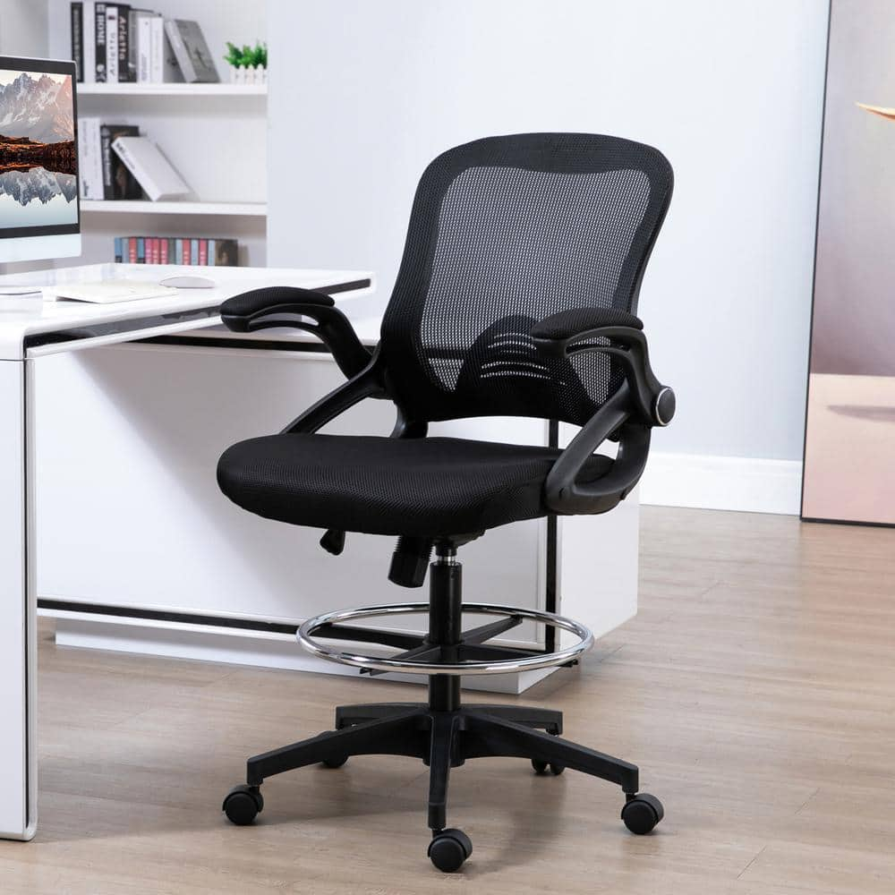 Vinsetto Black Drafting Office Chair with Lumbar Support, Flip-Up Armrests, Footrest Ring and Adjustable Seat Height 921-190