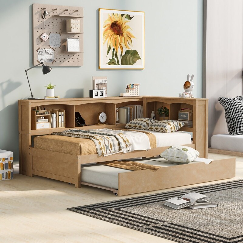 Twin Size Day Bed with Bookcases  Daybed with Trundle USB Ports and 5 Built in Storage Cabinets  Wood