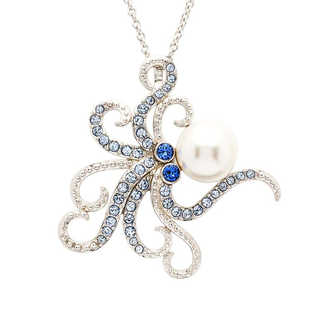 Ocean  Sterling Silver Pearl with Blue Crystal Octopus Necklace