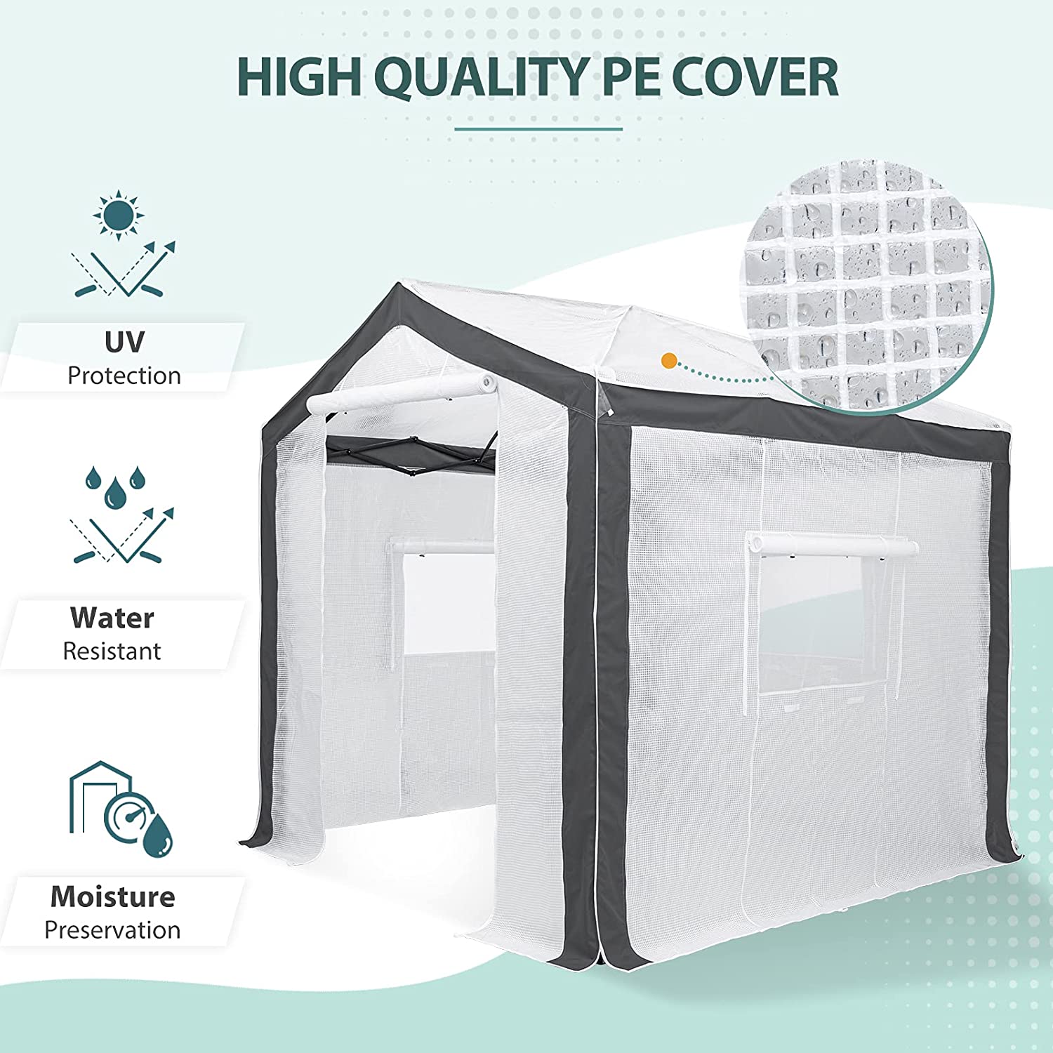 EAGLE PEAK 8 ' x 8 ' Portable Walk-in Greenhouse with Roll-up Zipper Entry Door and 3 Large Roll-Up Screen Windows, Instant Pop-up Easy Setup Indoor Outdoor Plant Gardening Green House, White