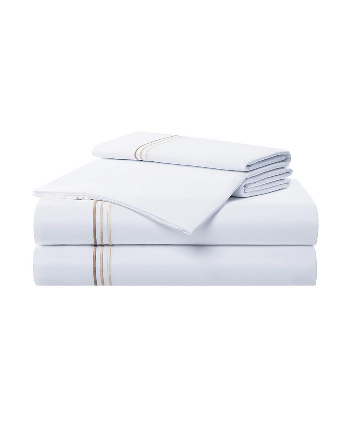 Aston and Arden Sateen King Sheet Set， 1 Flat Sheet， 1 Fitted Sheet， 2 Pillowcases， 600 Thread Count， Sateen Cotton， Pristine White with Fine Baratta Embroidered 3-Striped Hem