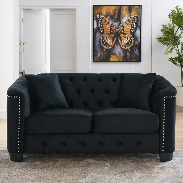 Modern Button tufted Velvet 2 seater Sofa With Nailhead Arms Modernluxe