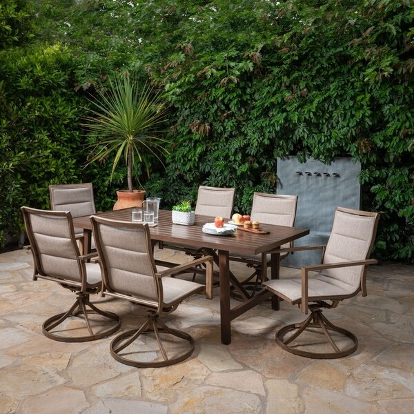 Hanover Fairhope 7Piece Outdoor Dining Set with 4 Sling Chairs，2 Sling Swivel Rockers and a 74In. x 40In. Trestle Table，Tan