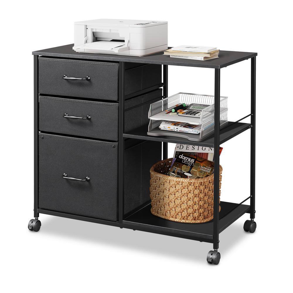 ATHMILE Black 3-Drawer Wood File Cabinet with Open Storage Shelves GZ-B2W20221416