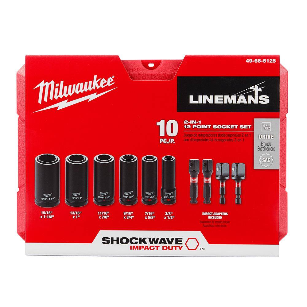 MW SHOCKWAVE Impact Duty Lineman's 12 in. Drive 2-in-1 12-Point Socket Set (10-Piece) 49-66-5125