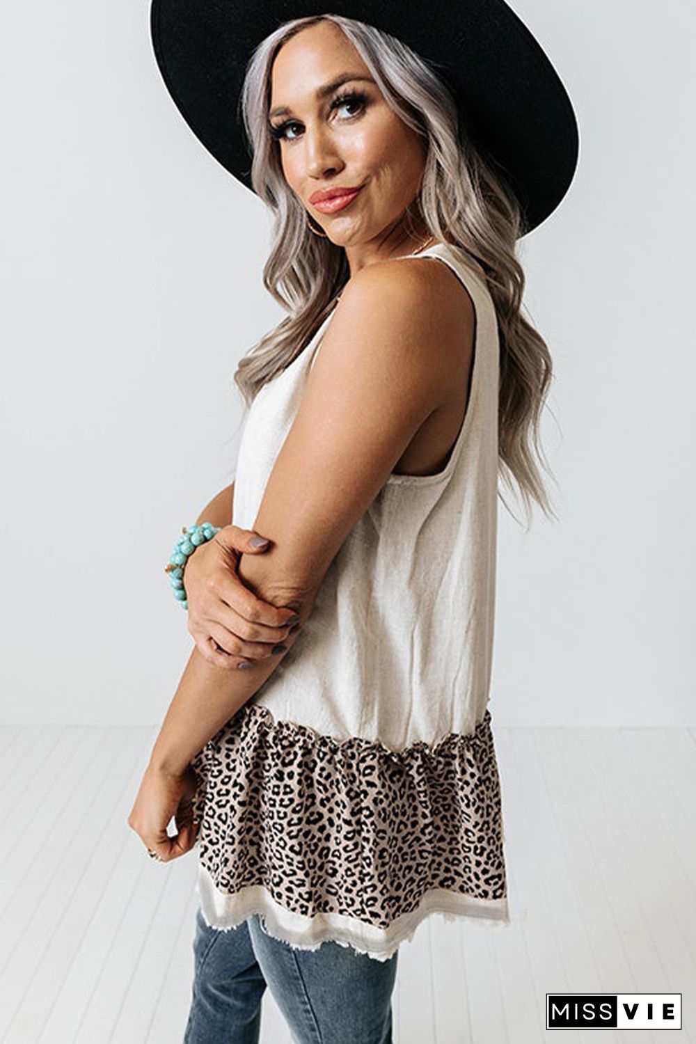 White Leopard Peplum Hemline Flowy Tank Top