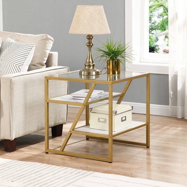 Side Table， End Table with Storage Shelf， Tempered Glass Coffee Table with Metal Frame