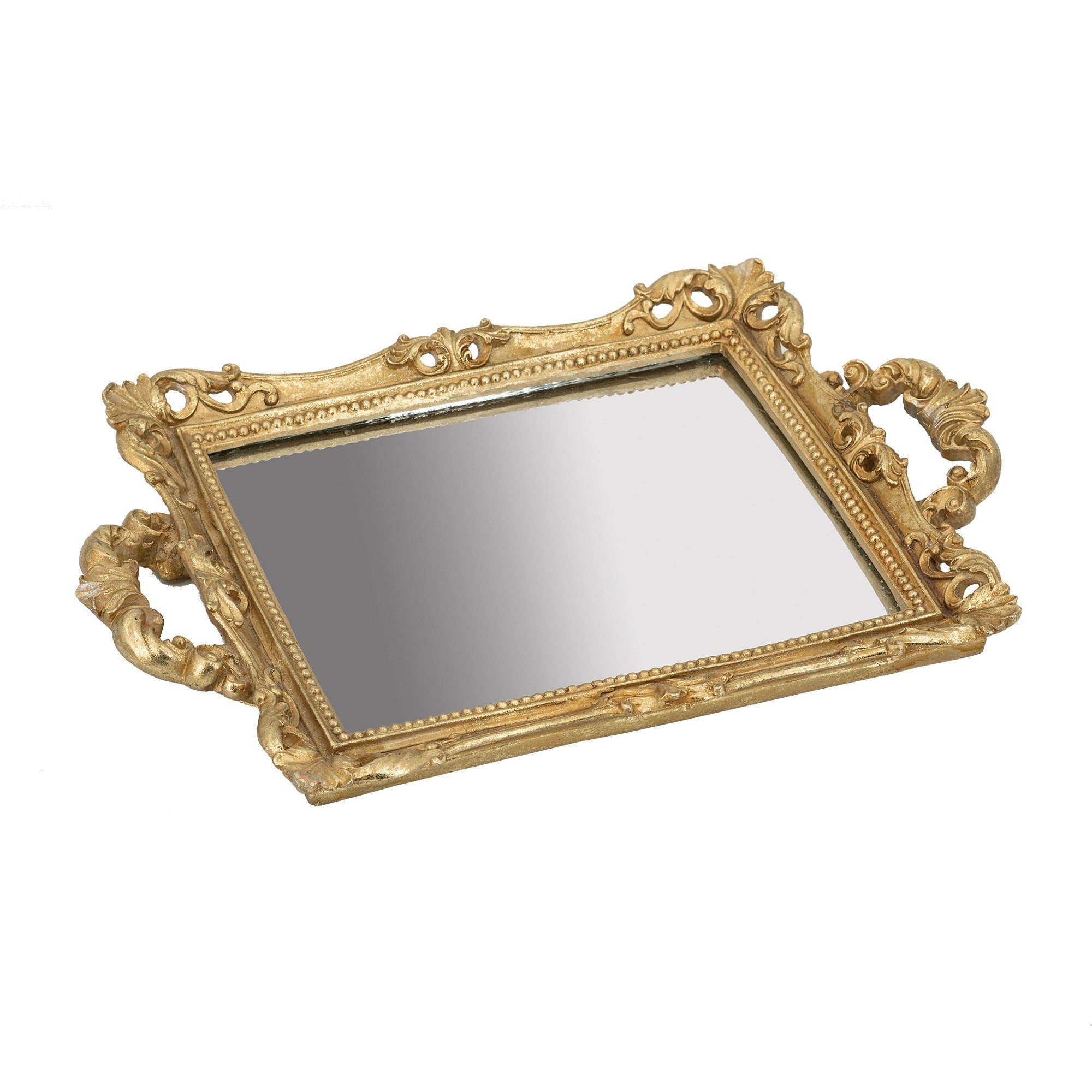 16 Inch Serving Tray， Decorative， Mirrored Bottom， Carved Gold Frame