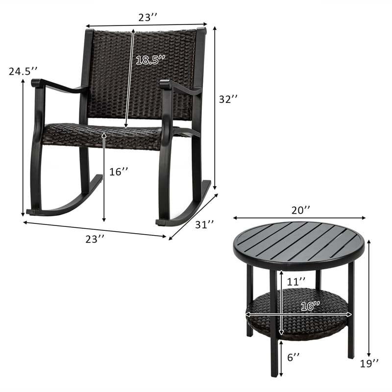 3 Pcs Rattan Patio Rocking Bistro Set with Side Table & Extra Storage Shelf, Outdoor Rocking Chair Furniture Set