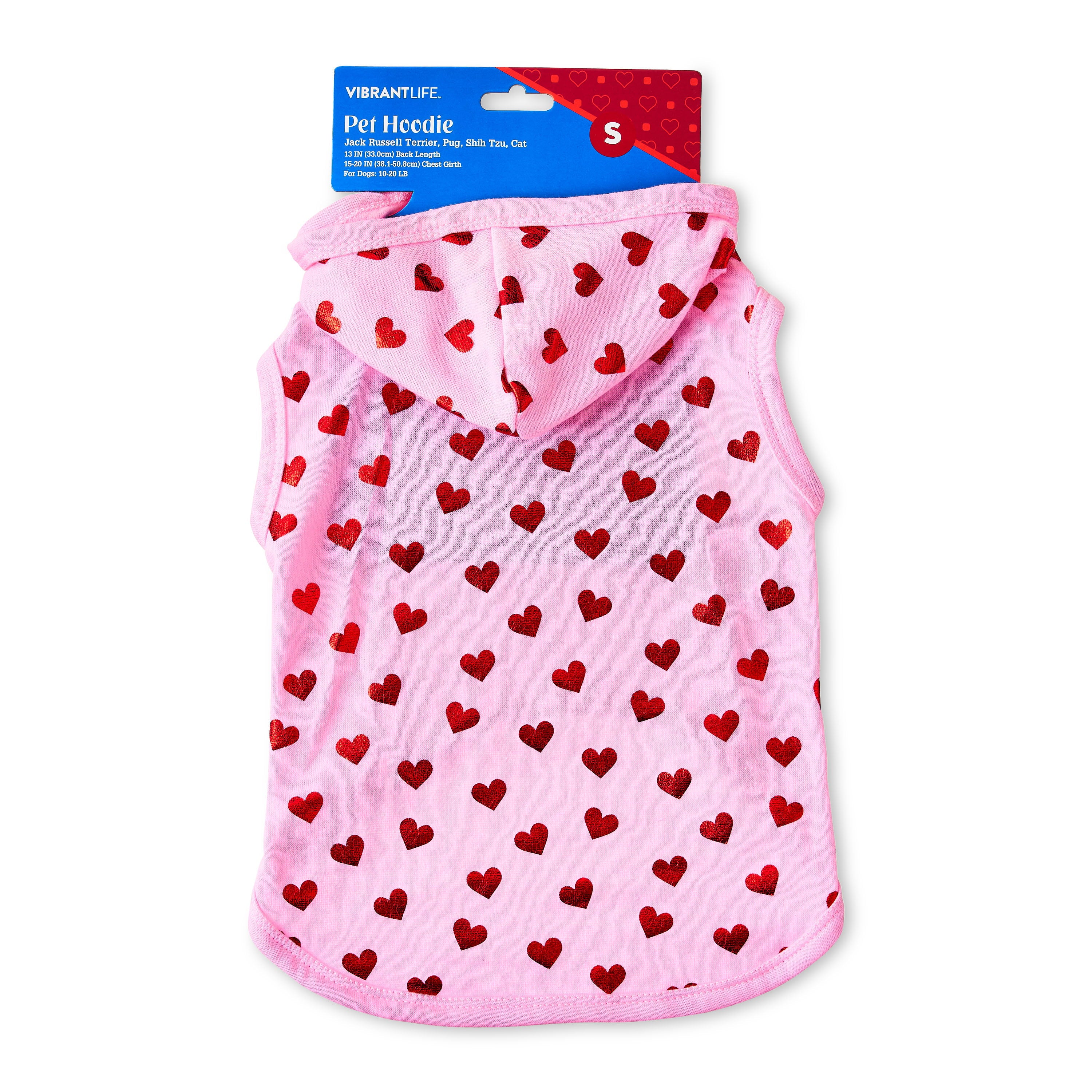 Vibrant Life， Dog and Cat Clothes， Red Hearts Valentine Pet Hoodie， Pink， XS