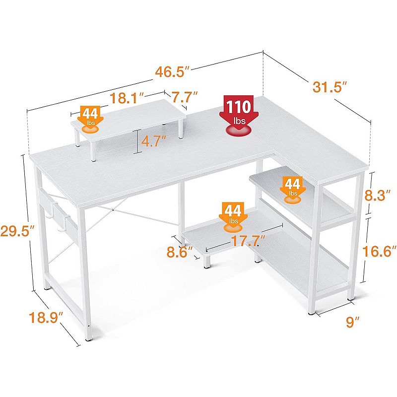 ODK 47 Inch Compact L Shaped Desk with Storage Shelves and Monitor Stand， White