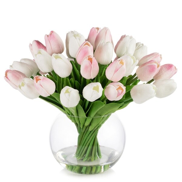 40 Pieces Real Touch Tulip Arrangement in Clear Glass Vase For Home Wedding Decoration