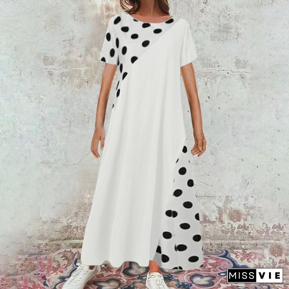 Summer Women Polka Dot Maxi Dress Robe Short Sleeve Round Neck Patchwork Party Casual Loose Long Dress Plus Size Tunic