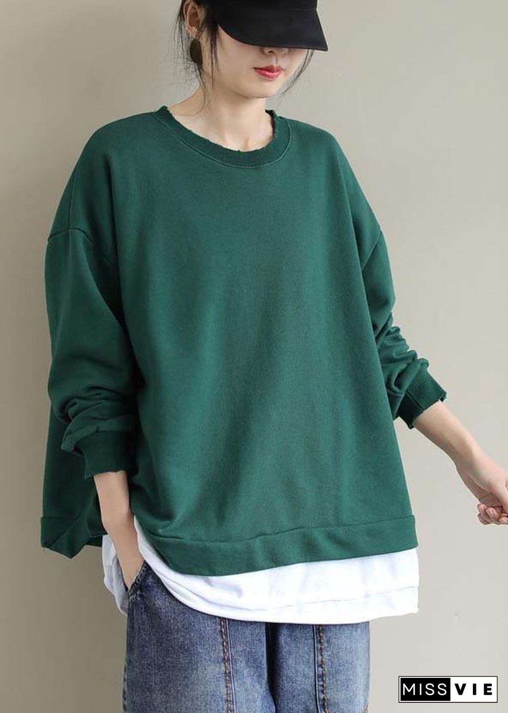 Chic Green Clothes For Women O Neck False Two Pieces Loose Spring Shirt