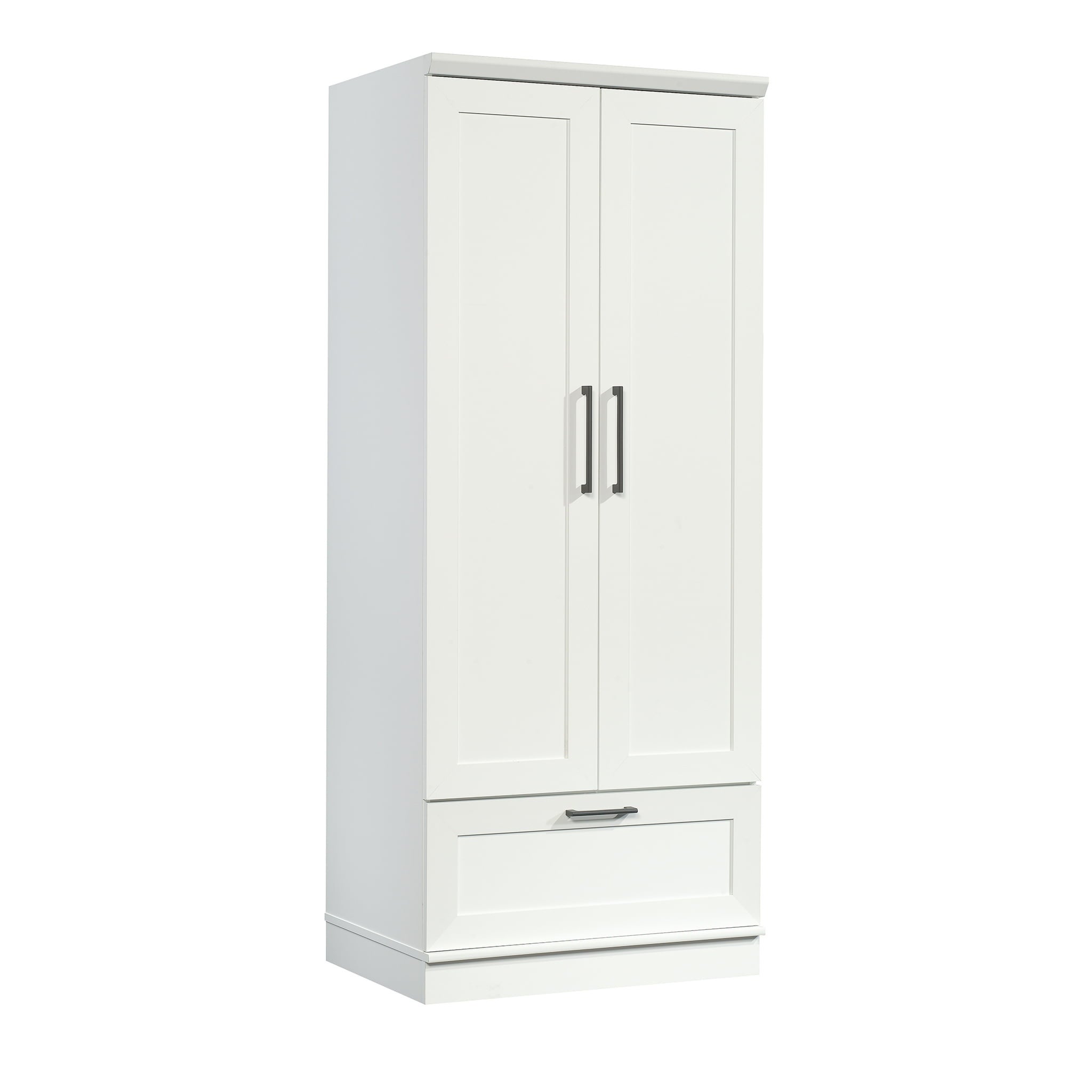 Wood Wardrobe with Drawer and Adjustable Base Level in White - - 36787133