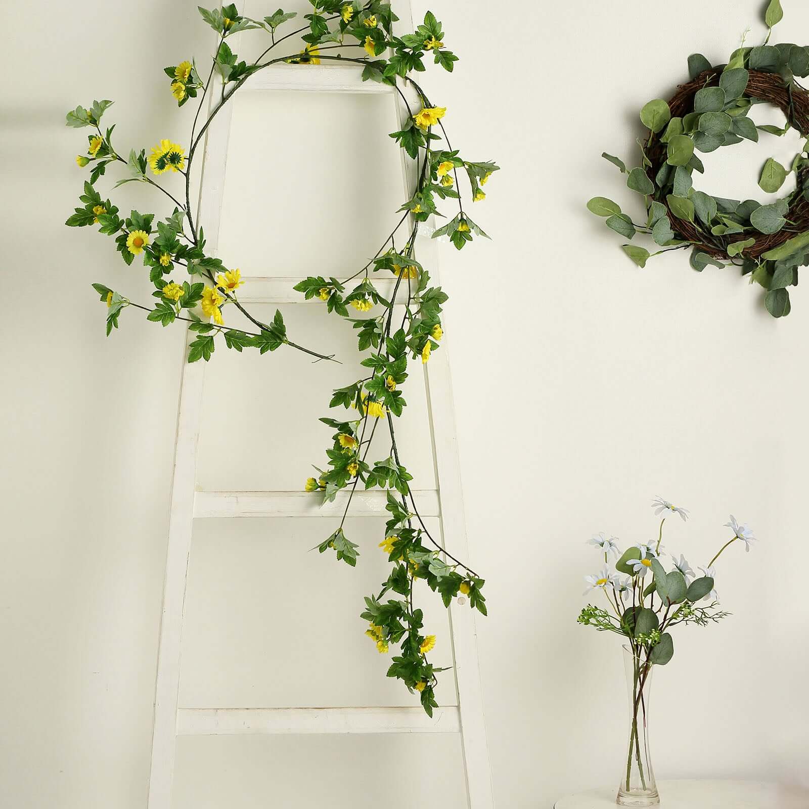 Yellow Artificial Daisy Magnolia Leaf Flower Garland Faux Vine 5.5ft