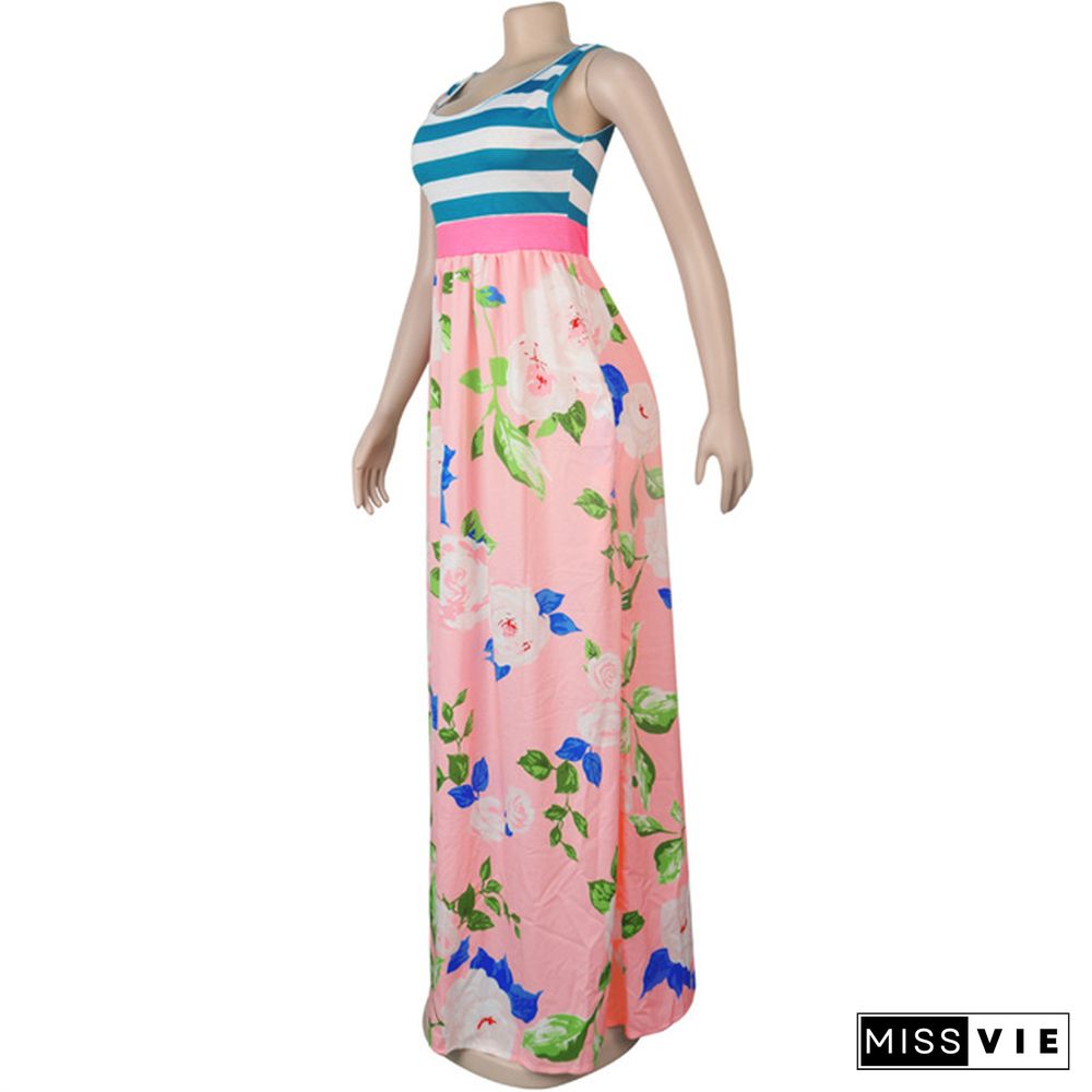 Summer Clothing Patchwork Floral Print Sleeveless High Waist Women Casual Streetwear Maxi Long Dress