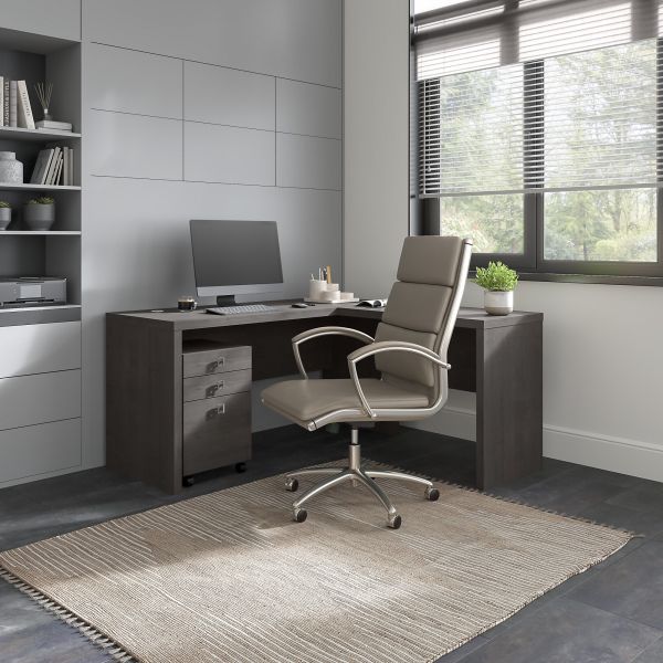 Office by kathy ireland Echo L Shaped Desk with Mobile File Cabinet in Charcoal Maple