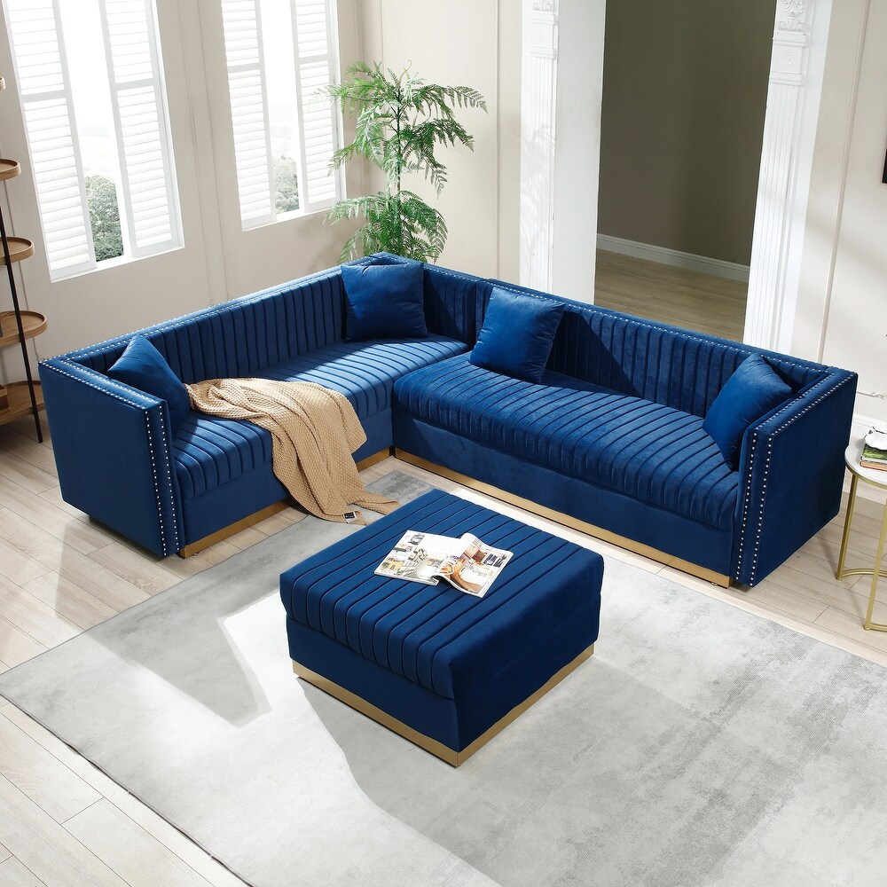 Vertical Channel Tufted Velvet Sectional Sofa  L Shaped Upholstered Corner Couch with Ottoman and 4 Pillows  Nailhead Trimming