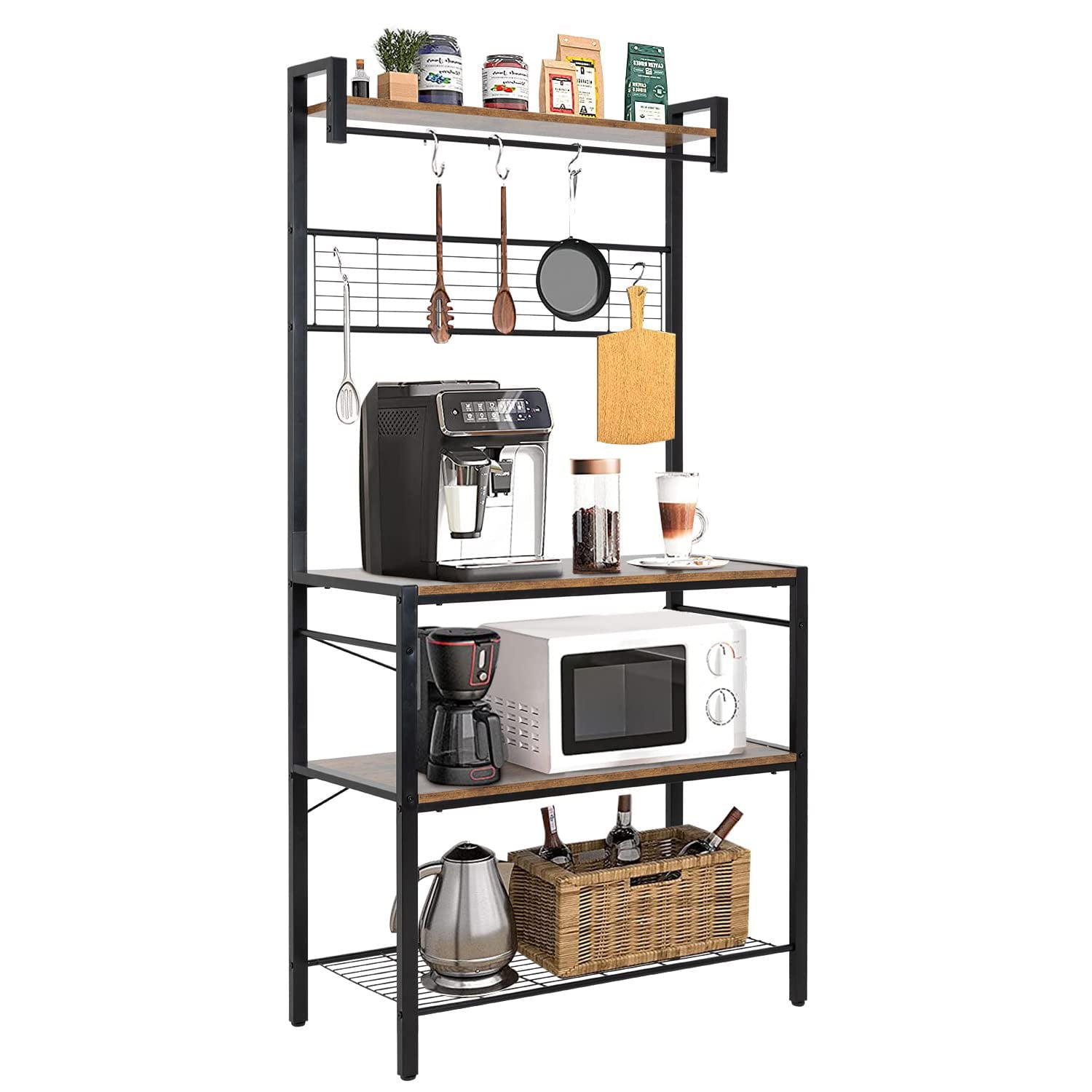 PayLessHere Kitchen Bakers Rack with Storage，4-Tier Microwave Stand Kitchen Storage Rack Kitchen Utility Cabinet Coffee Bar with Shelves for Kitchen，Rustic Brown