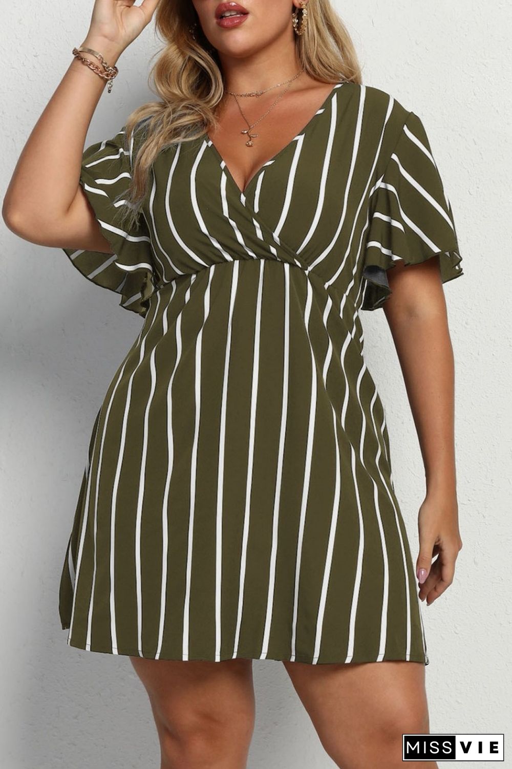 Black Casual Striped Print Patchwork V Neck Short Sleeve Dress Plus Size Dresses