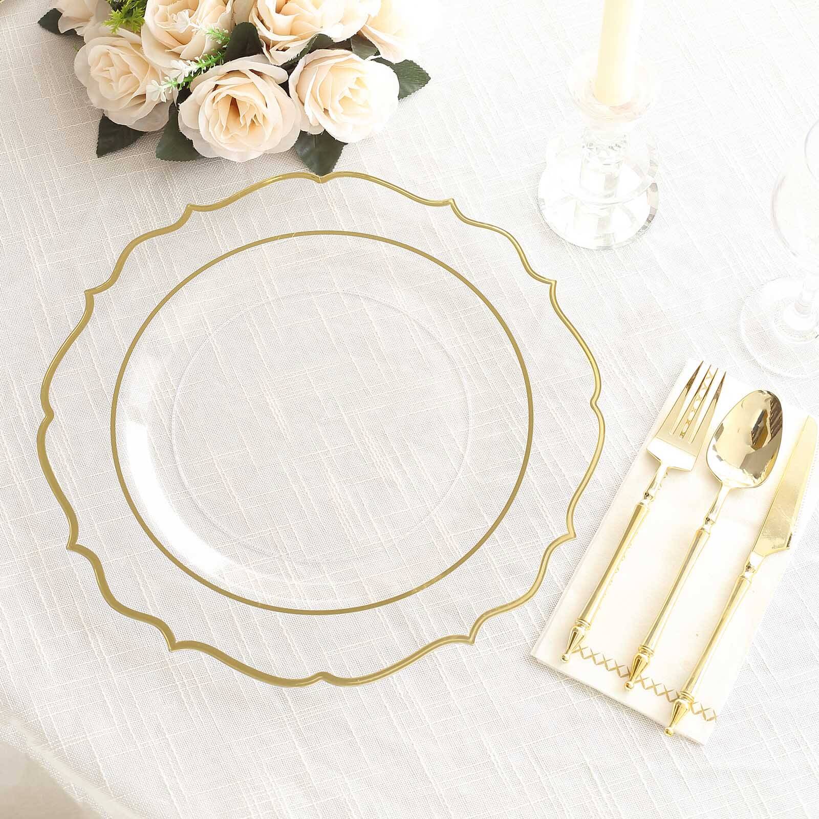 10 Pack Clear Economy Plastic Charger Plates With Gold Scalloped Rim, Round Decorative Dinner Chargers Event Tabletop Decor - 13