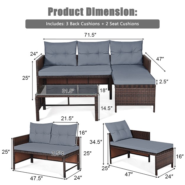 Costway 3pcs Patio Wicker Rattan Sofa Set Outdoor Sectional Conversation Set