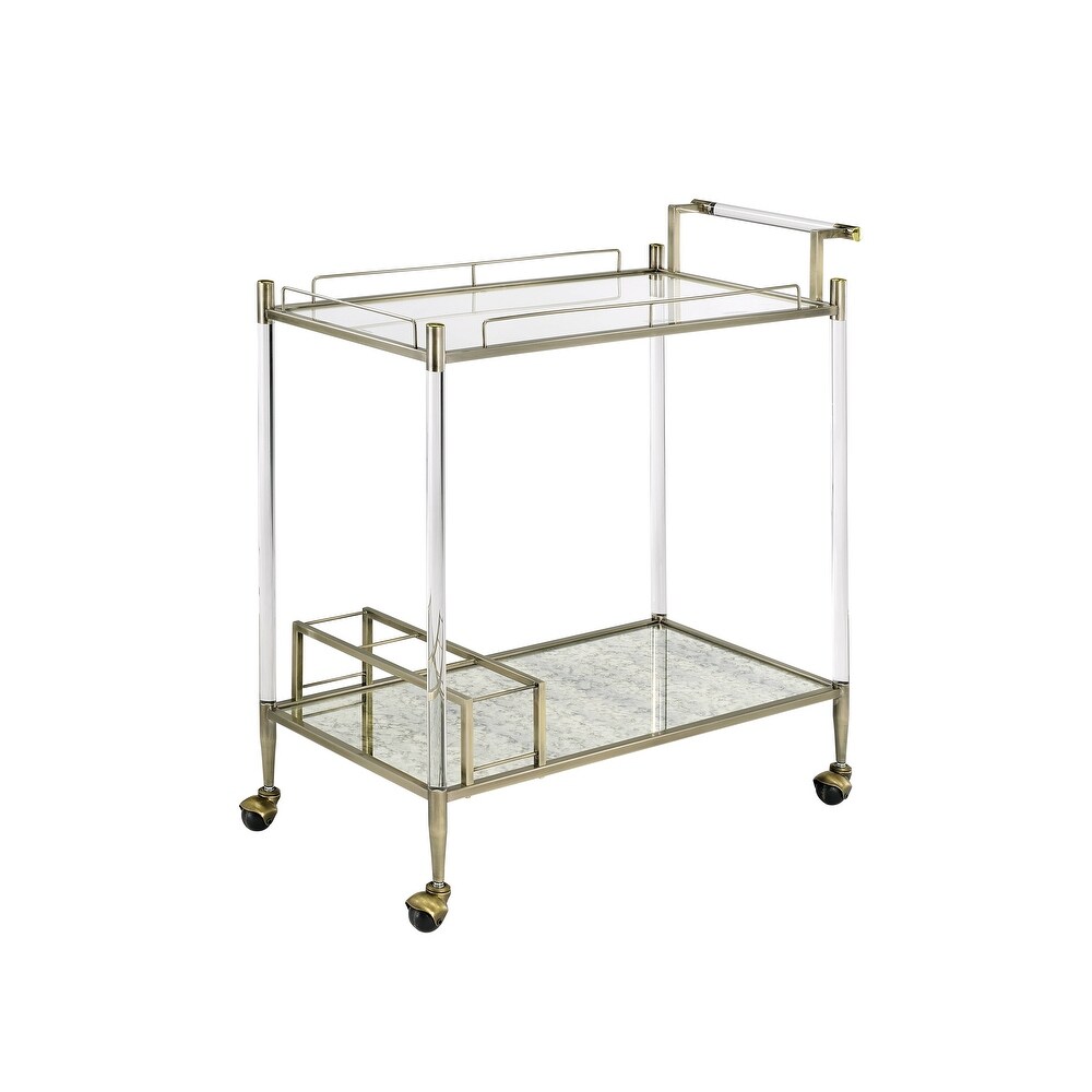 Contemporary Metal Serving Cart 2 Tier Shelf with Tempered Glass Top