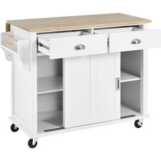 White Wooden 52.2 in. Mobile Kitchen Island Cart with Solid Wood Drop Leaf Countertop Sliding Barn Door and 2-Drawer ZT-SK000001AAW