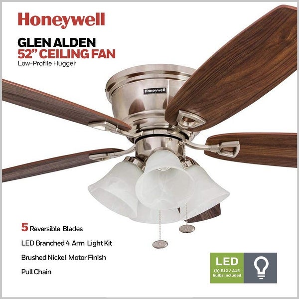 Honeywell Glen Alden Brushed Nickel Hugger Ceiling Fan with 4 Light - 52-inch Shopping - The Best Deals on Ceiling Fans | 22393911