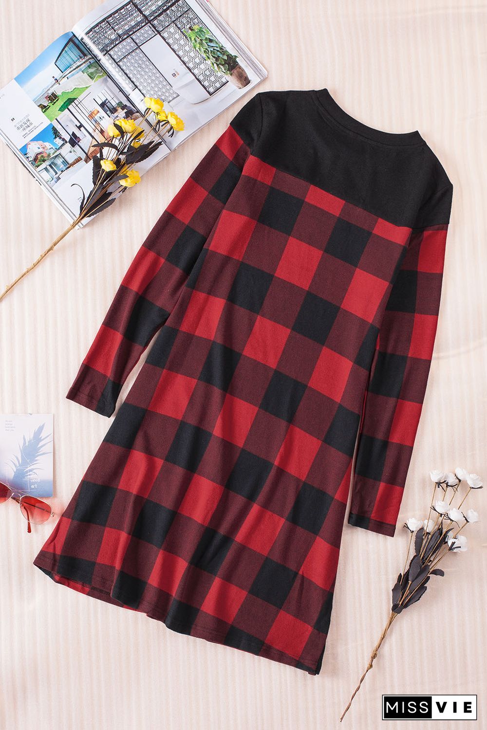 Buffalo Plaid Splicing Long Sleeve Mini Dress