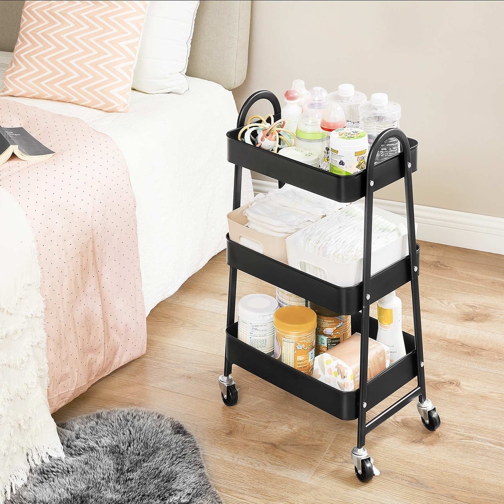 3 Tier Rolling Cart  Metal Storage Cart  Kitchen Trolley with 2 Brakes  for Painting Utensils Bedroom Laundry Room  Black