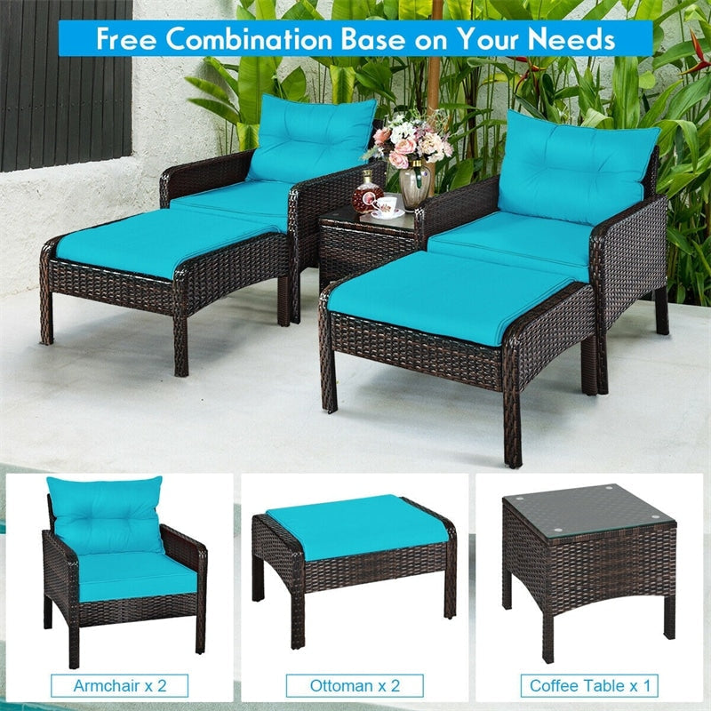 5 Pcs Rattan Patio Conversation Sets with Ottomans & Coffee Table, Wicker Outdoor Bistro Set