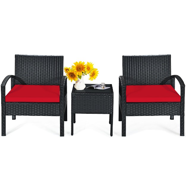 Tangkula 3 Pieces Patio Set Outdoor Wicker Rattan Furniture W Cushions Red