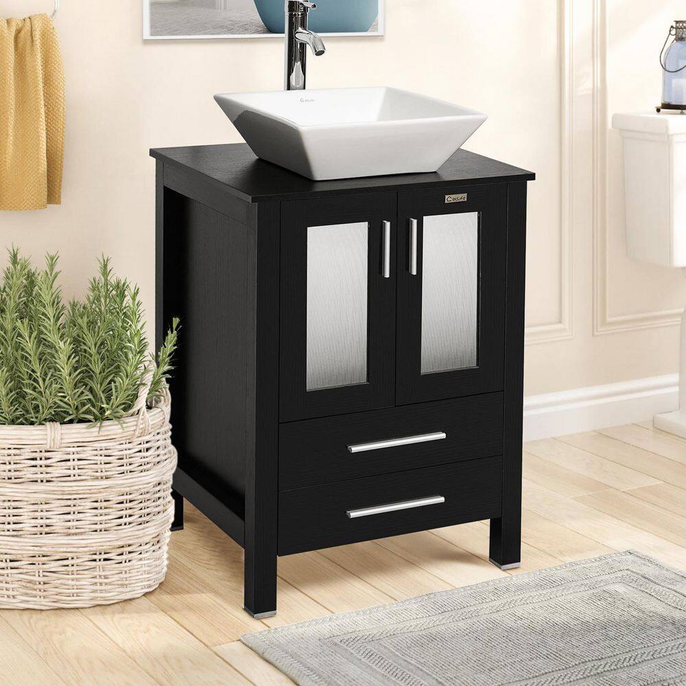 eclife Classical 24 in. W x 20 in. D x 32 in. H Bath Vanity in Black with Waterproof MDF Top in Black with Mirror THKFBV102BK