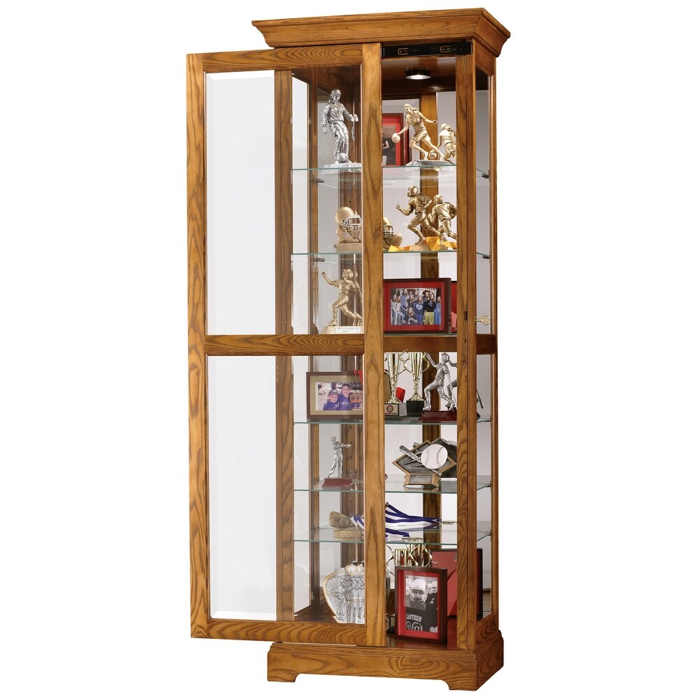 Howard Miller Moorland 2 Way Slider  Contemporary Modern  Transitional  Solid Oak Wood  Tall  7 Shelf Living Room Curio Cabinet