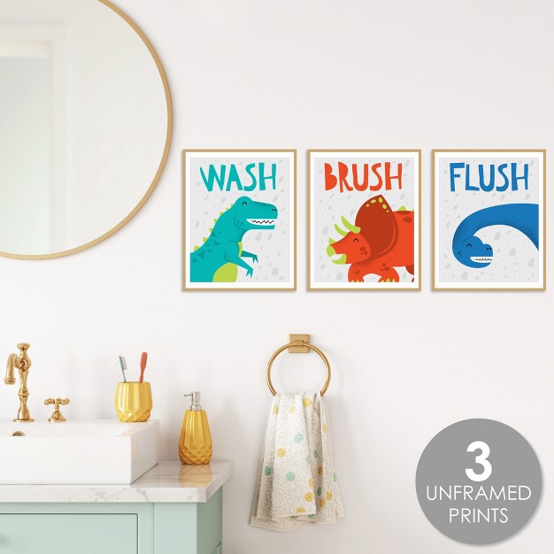 Big Dot Of Happiness Roar Dinosaur Unframed Wash Brush Flush Dino Mite Trex Bathroom Wall Art 8 X 10 Inches Set Of 3 Prints