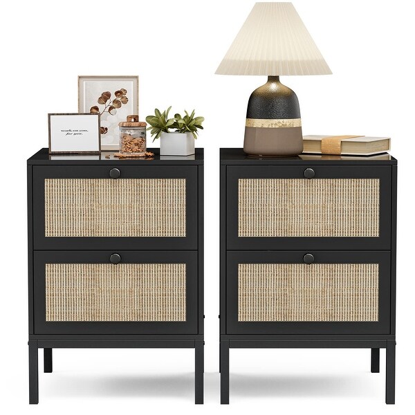 Rattan Nightstand Set of 2， End Side Table with 2 Handmade Natural Rattan Drawers， Accent Bedside Table with Storage - - 37629454