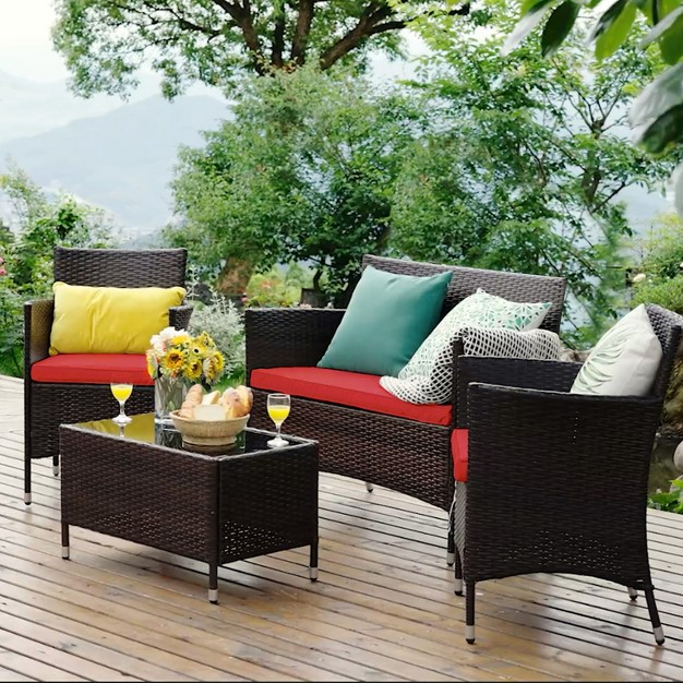 Costway 4pcs Patio Furniture Set Rattan Conversation Set W Tempered Glass Coffee Table Cushion Red