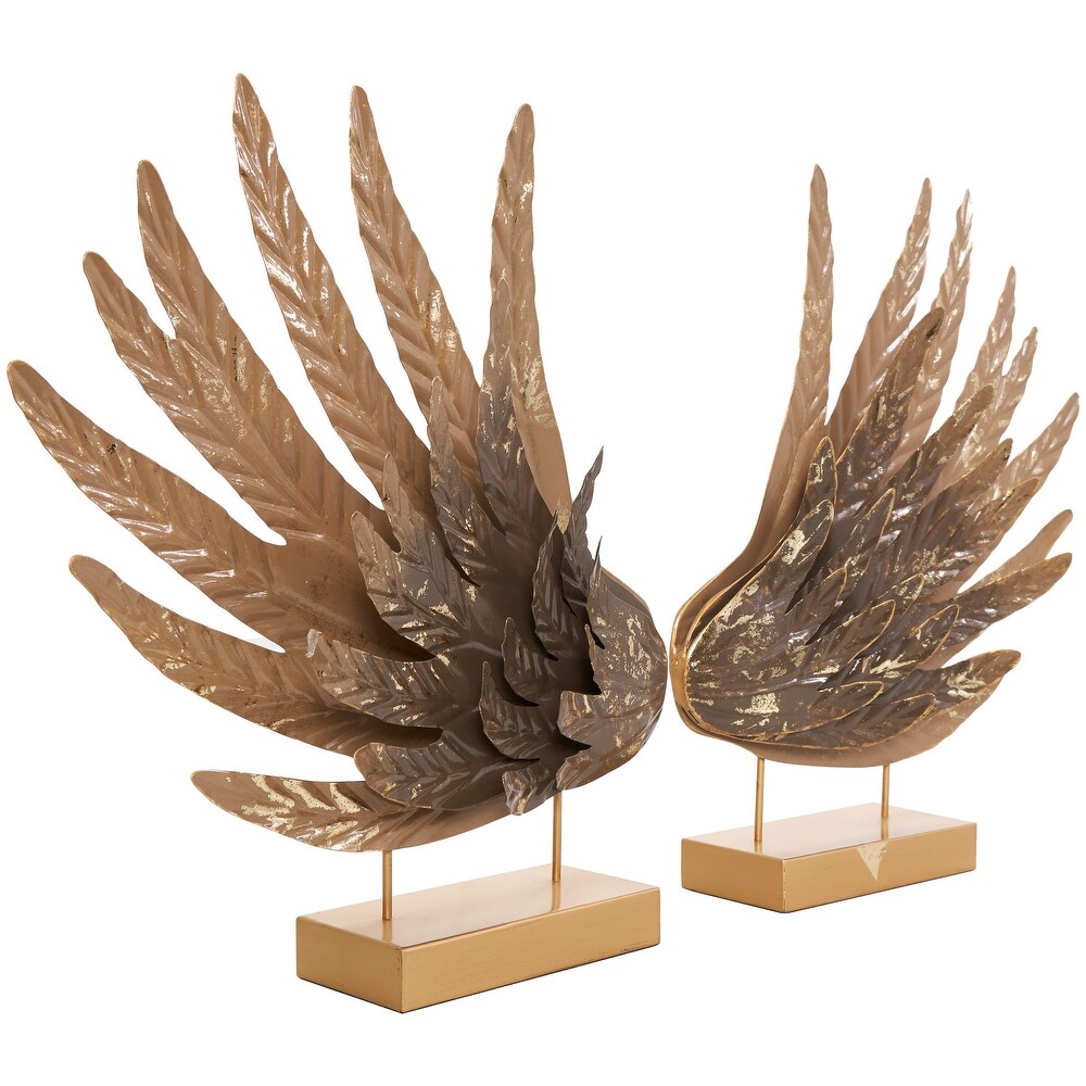 Gold Metal Wing Bird Sculpture with Gold Foil Accents and Stands (Set of 2)