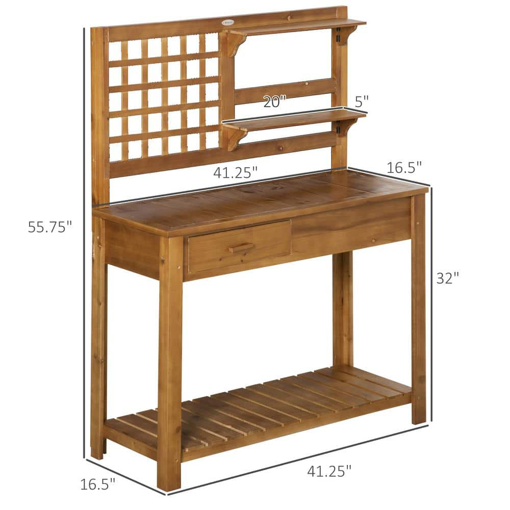 Outsunny 41.25 in. W x 55.75 in. H Brown Potting Bench Table Garden Work Bench Wooden Workstation 845-666BN