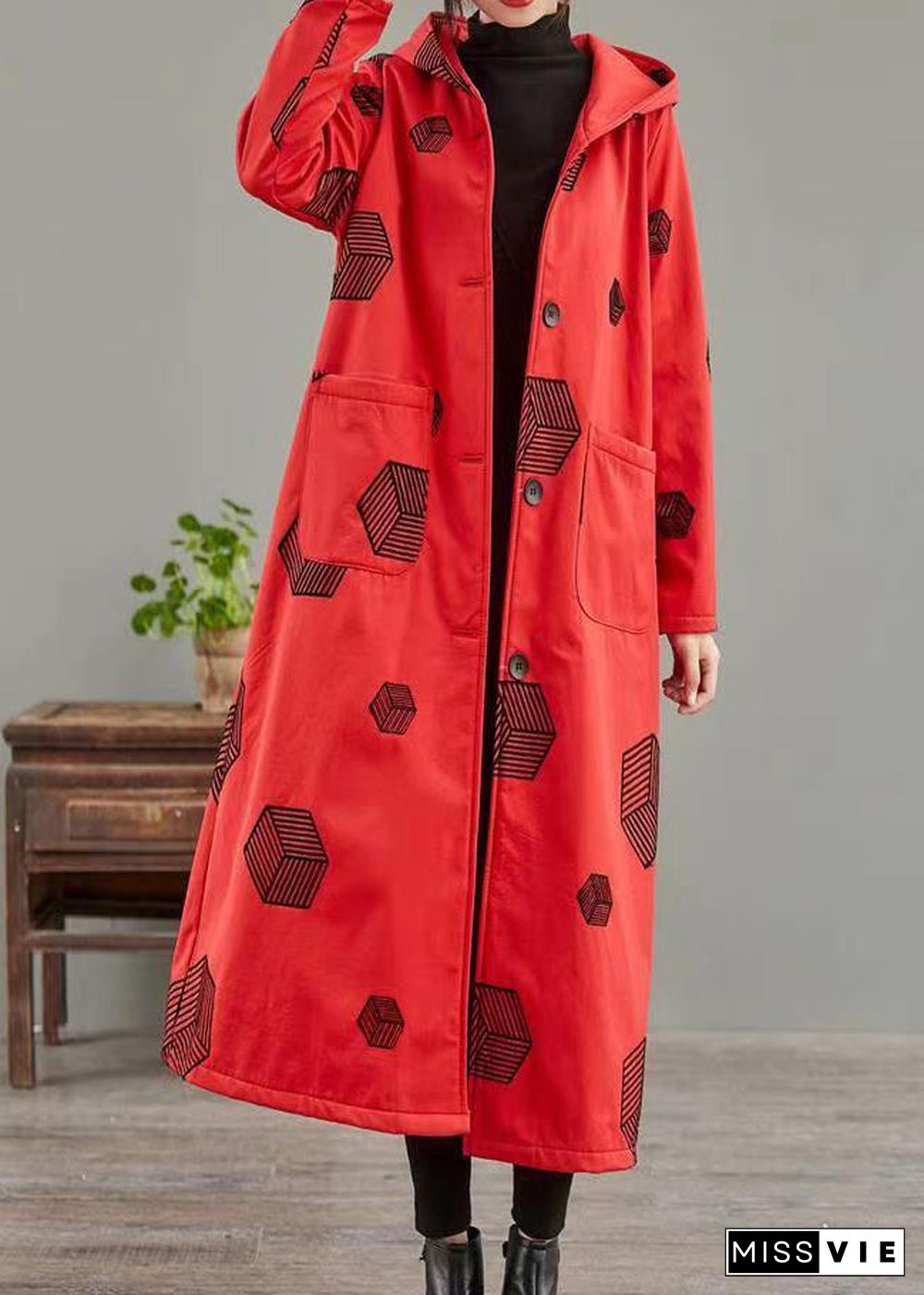 Red Pockets Print Patchwork Warm Fleece Hoodie Coat Winter