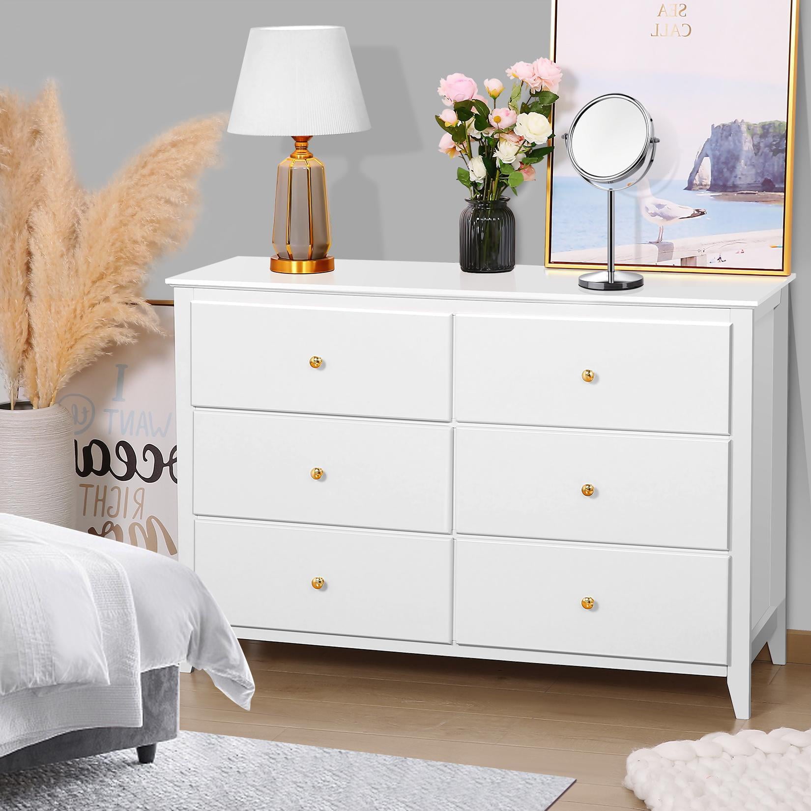 SEJOV 6 Drawers Dresser White Closets Chest Tall Nightstand Double Dresser with Gold Metal Handles Storage Containers Modern Wood Dresser for Bedroom Kids Room Living Room Nursery Hallway Office