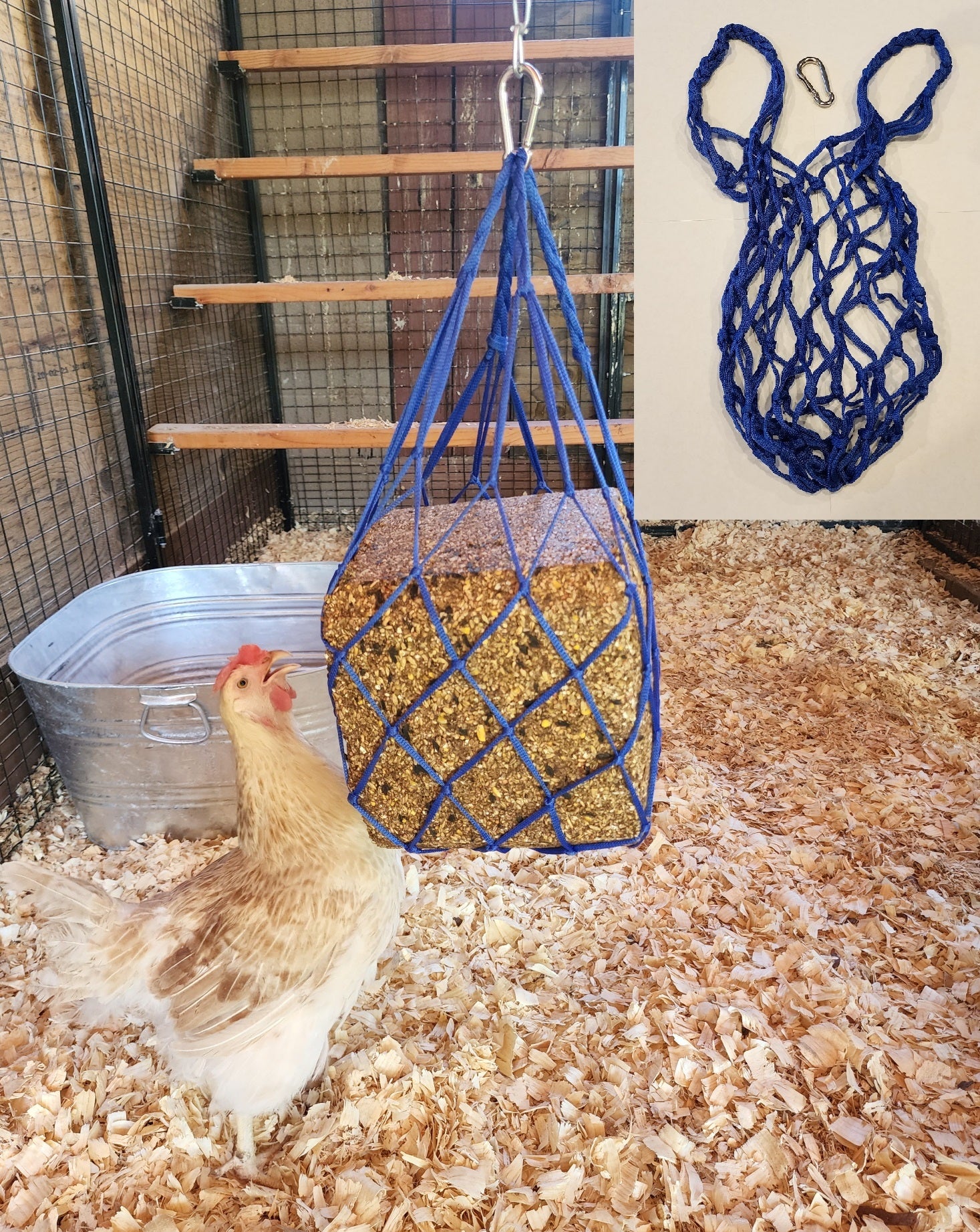 BLUE Chicken Coop Flock Block Bird Seed Hanging Bag Veggie Treat Holder - Poultry Feeder Toy Accessories Cabbage Bowl Sack