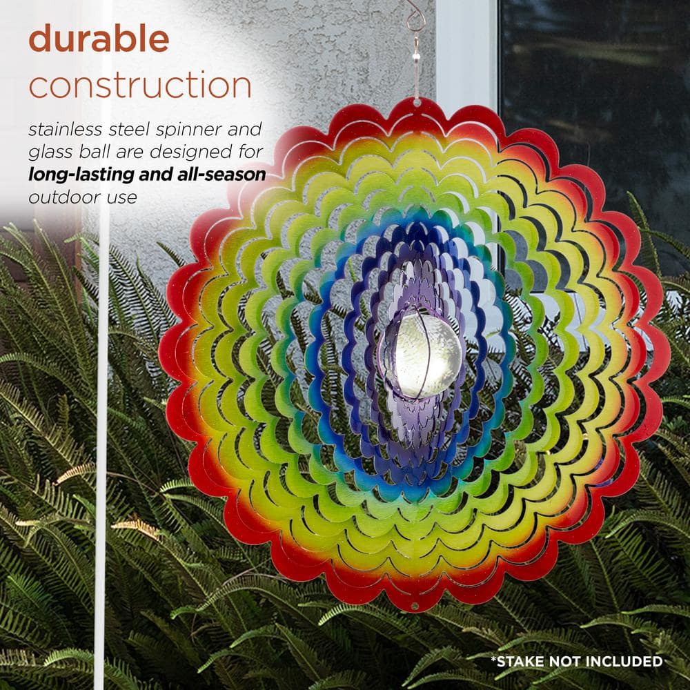 Alpine Corporation 12 in. Round Outdoor Hanging Rainbow Flower Metal Planet Wind Spinner with Clear Glass Ball IFF234